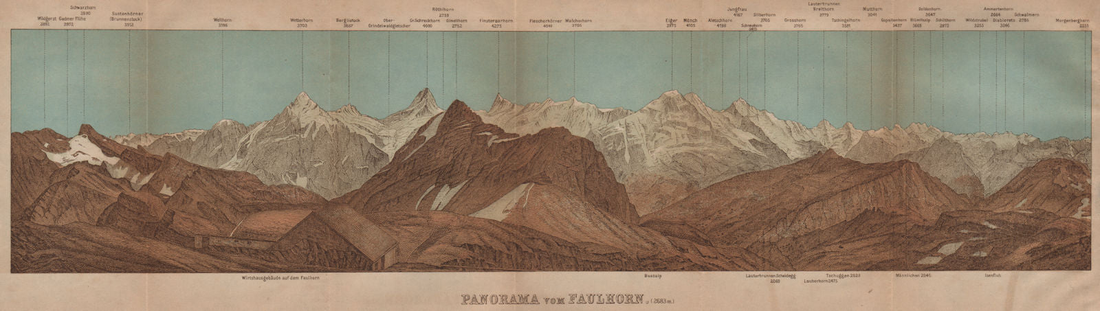 PANORAMA from/vom FAULHORN. Berner Oberland. Bernese Oberland 1907 old map